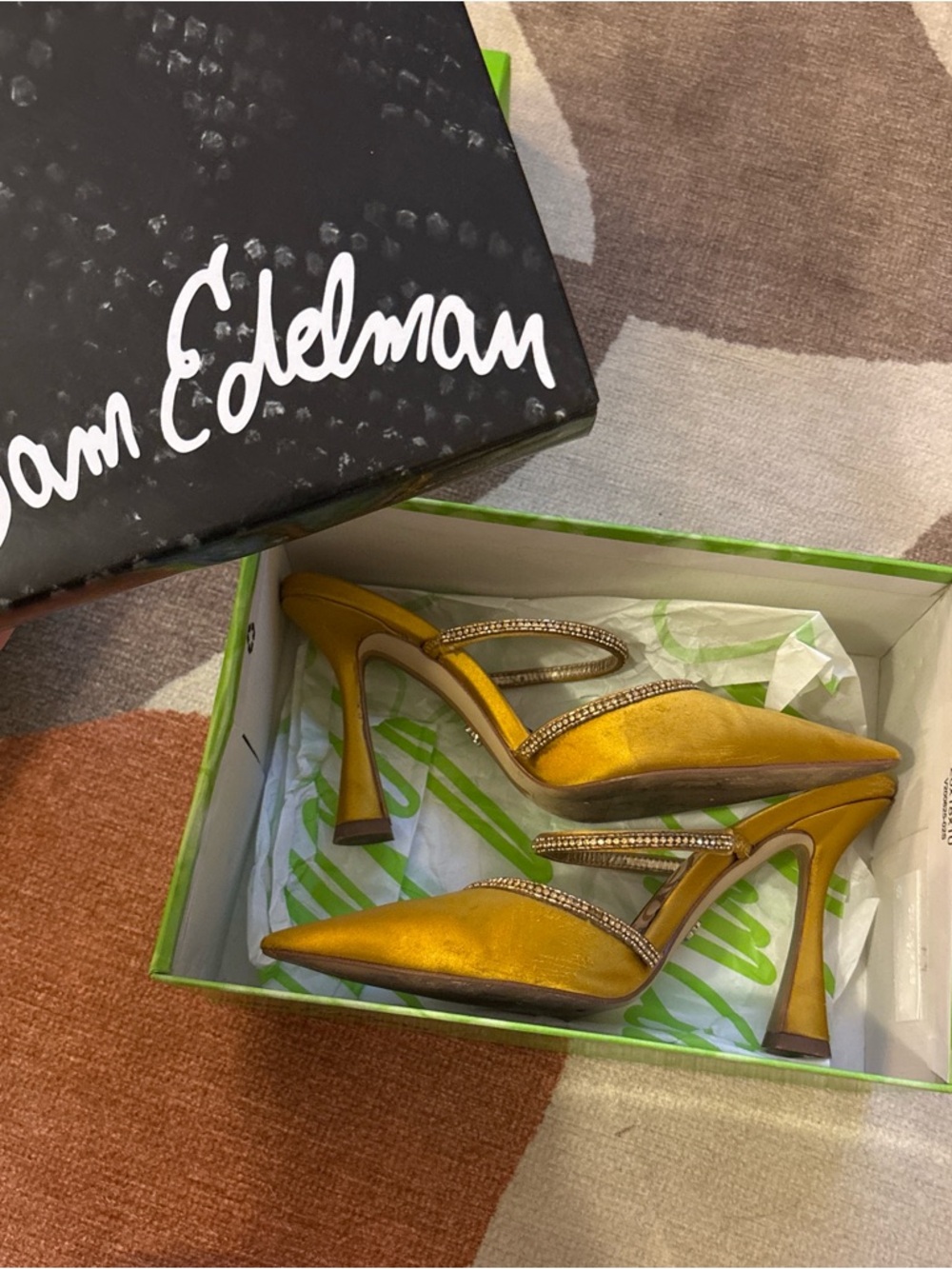 Sam Edelman Golden Yellow Satin Pointed-Toe Heels with Crystal Straps